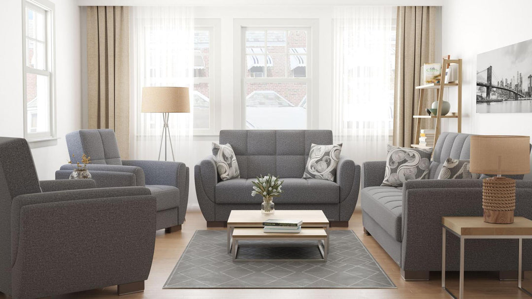 Modern design, Salt and Pepper Gray , Chenille upholstered convertible sleeper Loveseat with underseat storage from Voyage Shelter by Ottomanson in living room lifestyle setting with the matching furniture set. This Loveseat measures 71 inches width by 36 inches depth by 41 inches height.