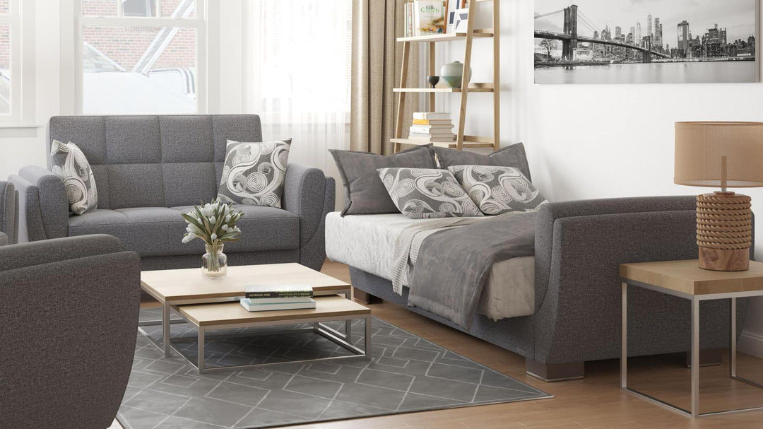Modern design, Salt and Pepper Gray , Chenille  upholstered convertible sleeper Loveseat with underseat storage from Voyage Shelter by Ottomanson in living room lifestyle setting converted to sleeper. This Loveseat measures 71 inches width by 36 inches depth by 41 inches height.