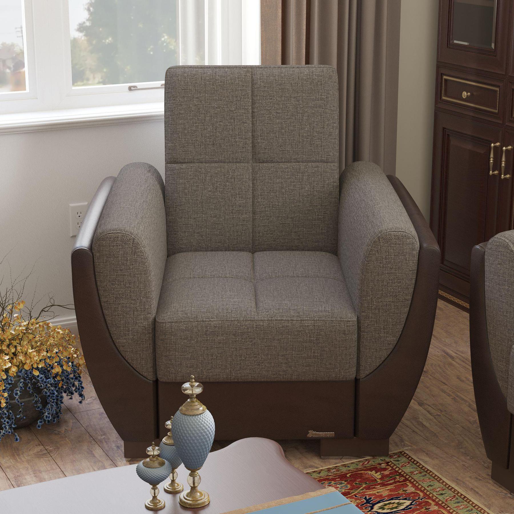 Modern design, Tannin Brown, Dark Brown , Chenille, Artificial Leather upholstered convertible Armchair with underseat storage from Voyage Shelter by Ottomanson in living room lifestyle setting by itself. This Armchair measures 42 inches width by 36 inches depth by 41 inches height.