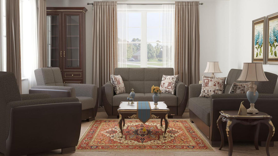 Modern design, Tannin Brown, Dark Brown , Chenille, Artificial Leather upholstered convertible Armchair with underseat storage from Voyage Shelter by Ottomanson in living room lifestyle setting with the matching furniture set. This Armchair measures 42 inches width by 36 inches depth by 41 inches height.