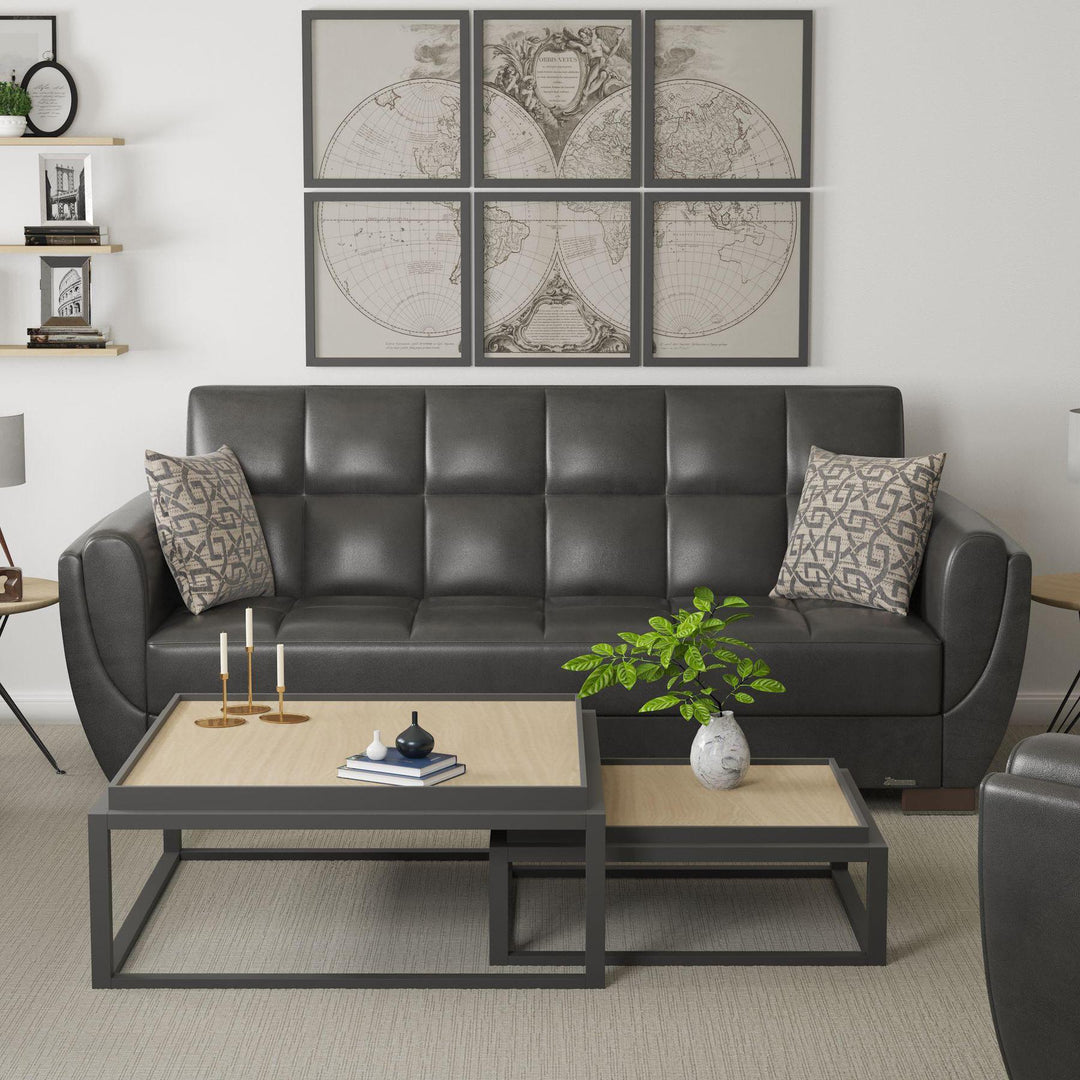 Modern design, Black , Artificial Leather upholstered convertible sleeper Sofabed with underseat storage from Voyage Shelter by Ottomanson in living room lifestyle setting by itself. This Sofabed measures 94 inches width by 36 inches depth by 41 inches height.