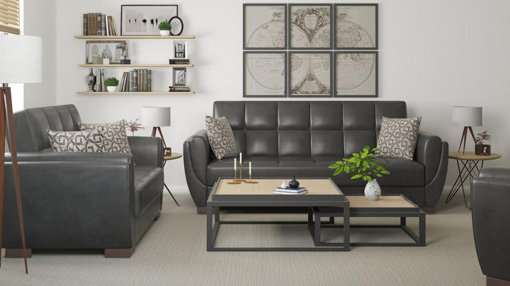 Modern design, Black , Artificial Leather upholstered convertible sleeper Sofabed with underseat storage from Voyage Shelter by Ottomanson in living room lifestyle setting with another piece of furniture. This Sofabed measures 94 inches width by 36 inches depth by 41 inches height.