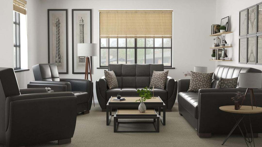 Modern design, Black , Artificial Leather upholstered convertible sleeper Sofabed with underseat storage from Voyage Shelter by Ottomanson in living room lifestyle setting with the matching furniture set. This Sofabed measures 94 inches width by 36 inches depth by 41 inches height.