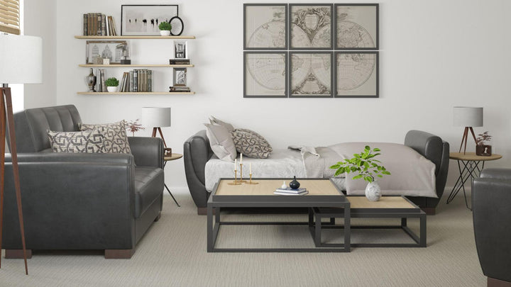 Modern design, Black , Artificial Leather  upholstered convertible sleeper Sofabed with underseat storage from Voyage Shelter by Ottomanson in living room lifestyle setting converted to sleeper. This Sofabed measures 94 inches width by 36 inches depth by 41 inches height.