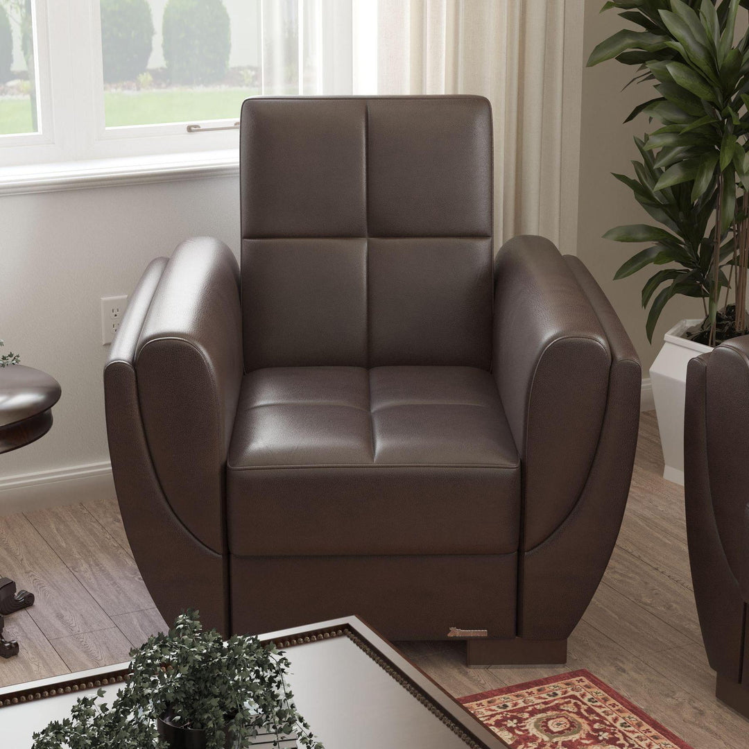 Modern design, Dark Brown , Artificial Leather upholstered convertible Armchair with underseat storage from Voyage Shelter by Ottomanson in living room lifestyle setting by itself. This Armchair measures 42 inches width by 36 inches depth by 41 inches height.