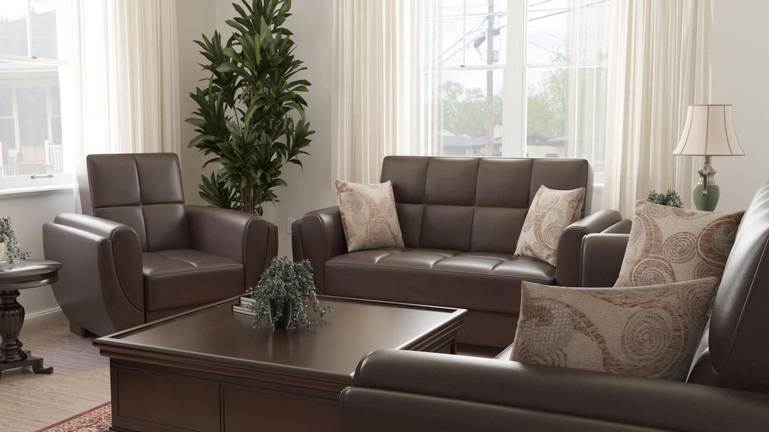 Modern design, Dark Brown , Artificial Leather upholstered convertible Armchair with underseat storage from Voyage Shelter by Ottomanson in living room lifestyle setting with another piece of furniture. This Armchair measures 42 inches width by 36 inches depth by 41 inches height.