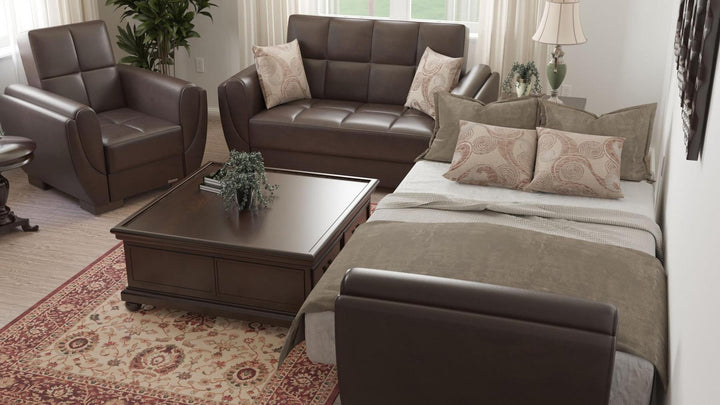 Modern design, Dark Brown , Artificial Leather  upholstered convertible Armchair with underseat storage from Voyage Shelter by Ottomanson in living room lifestyle setting converted to sleeper. This Armchair measures 42 inches width by 36 inches depth by 41 inches height.