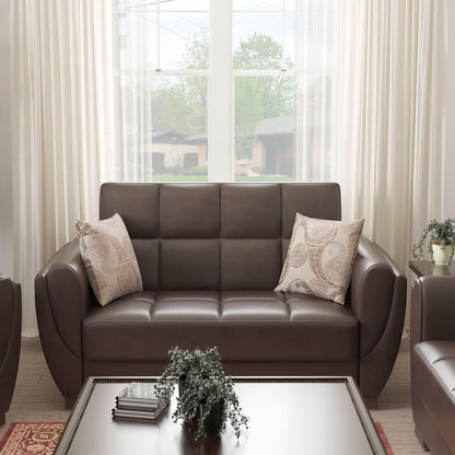 Modern design, Dark Brown , Artificial Leather upholstered convertible sleeper Loveseat with underseat storage from Voyage Shelter by Ottomanson in living room lifestyle setting by itself. This Loveseat measures 71 inches width by 36 inches depth by 41 inches height.
