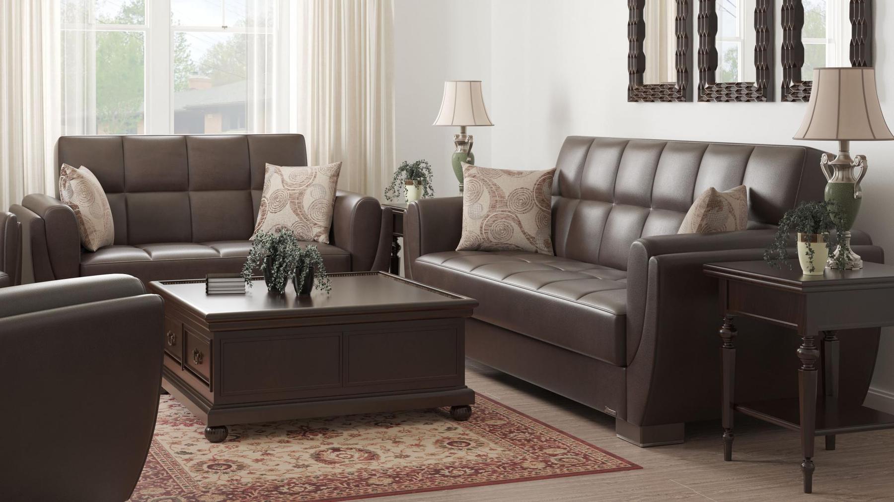Modern design, Dark Brown , Artificial Leather upholstered convertible sleeper Loveseat with underseat storage from Voyage Shelter by Ottomanson in living room lifestyle setting with another piece of furniture. This Loveseat measures 71 inches width by 36 inches depth by 41 inches height.