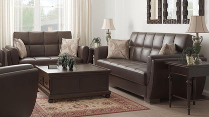 Modern design, Dark Brown , Artificial Leather upholstered convertible sleeper Loveseat with underseat storage from Voyage Shelter by Ottomanson in living room lifestyle setting with another piece of furniture. This Loveseat measures 71 inches width by 36 inches depth by 41 inches height.
