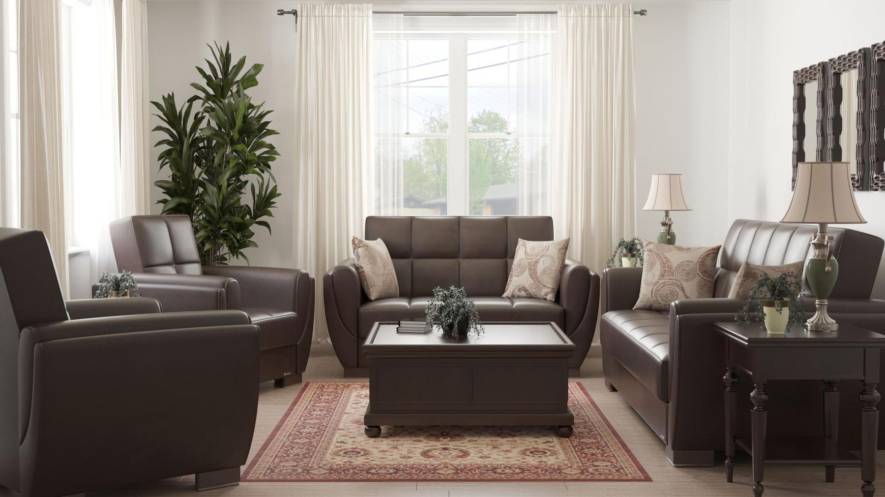 Modern design, Dark Brown , Artificial Leather upholstered convertible sleeper Loveseat with underseat storage from Voyage Shelter by Ottomanson in living room lifestyle setting with the matching furniture set. This Loveseat measures 71 inches width by 36 inches depth by 41 inches height.
