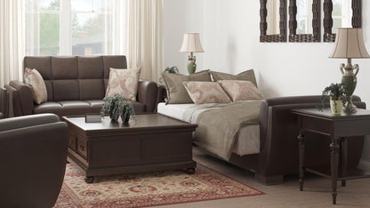 Modern design, Dark Brown , Artificial Leather  upholstered convertible sleeper Loveseat with underseat storage from Voyage Shelter by Ottomanson in living room lifestyle setting converted to sleeper. This Loveseat measures 71 inches width by 36 inches depth by 41 inches height.