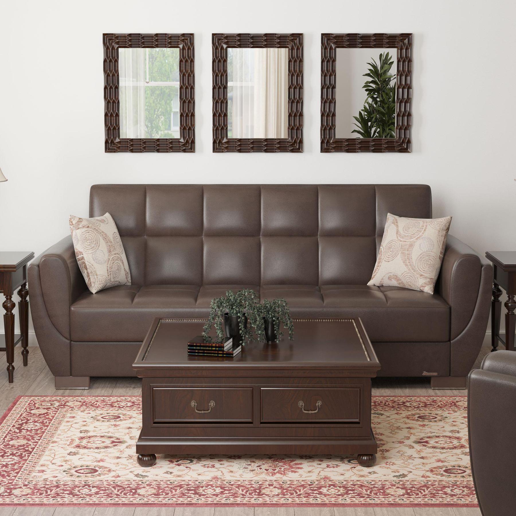 Modern design, Dark Brown , Artificial Leather upholstered convertible sleeper Sofabed with underseat storage from Voyage Shelter by Ottomanson in living room lifestyle setting by itself. This Sofabed measures 94 inches width by 36 inches depth by 41 inches height.