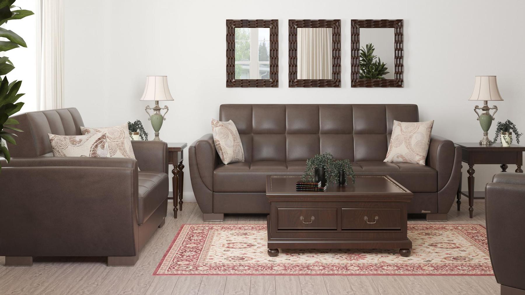 Modern design, Dark Brown , Artificial Leather upholstered convertible sleeper Sofabed with underseat storage from Voyage Shelter by Ottomanson in living room lifestyle setting with another piece of furniture. This Sofabed measures 94 inches width by 36 inches depth by 41 inches height.