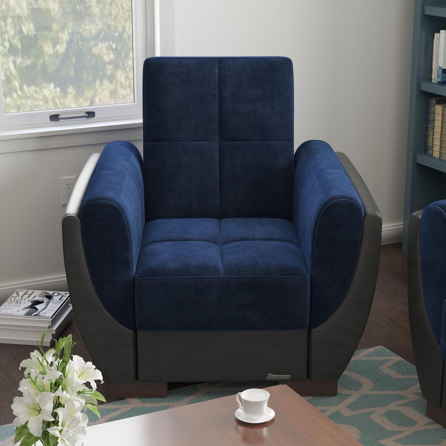 Modern design, Snorkel Blue, Black , Microfiber, Artificial Leather upholstered convertible Armchair with underseat storage from Voyage Shelter by Ottomanson in living room lifestyle setting by itself. This Armchair measures 42 inches width by 36 inches depth by 41 inches height.