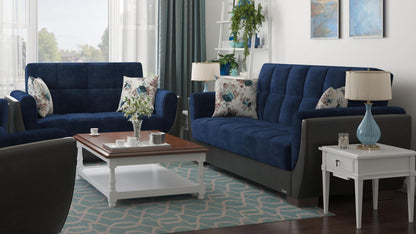 Modern design, Snorkel Blue, Black , Microfiber, Artificial Leather upholstered convertible sleeper Loveseat with underseat storage from Voyage Shelter by Ottomanson in living room lifestyle setting with another piece of furniture. This Loveseat measures 71 inches width by 36 inches depth by 41 inches height.