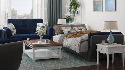 Modern design, Snorkel Blue, Black , Microfiber, Artificial Leather  upholstered convertible sleeper Loveseat with underseat storage from Voyage Shelter by Ottomanson in living room lifestyle setting converted to sleeper. This Loveseat measures 71 inches width by 36 inches depth by 41 inches height.