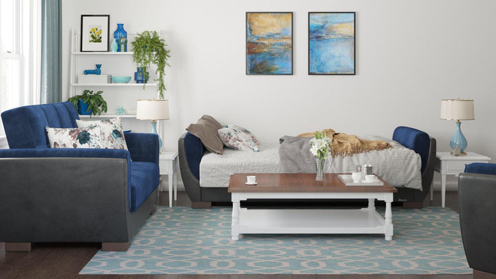 Modern design, Snorkel Blue, Black , Microfiber, Artificial Leather  upholstered convertible sleeper Sofabed with underseat storage from Voyage Shelter by Ottomanson in living room lifestyle setting converted to sleeper. This Sofabed measures 94 inches width by 36 inches depth by 41 inches height.