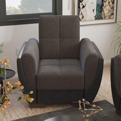 Modern design, Dark Slate Gray, Black , Chenille, Artificial Leather upholstered convertible Armchair with underseat storage from Voyage Shelter by Ottomanson in living room lifestyle setting by itself. This Armchair measures 42 inches width by 36 inches depth by 41 inches height.