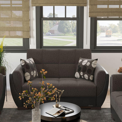 Modern design, Dark Slate Gray, Black , Chenille, Artificial Leather upholstered convertible sleeper Loveseat with underseat storage from Voyage Shelter by Ottomanson in living room lifestyle setting by itself. This Loveseat measures 71 inches width by 36 inches depth by 41 inches height.