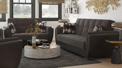 Modern design, Dark Slate Gray, Black , Chenille, Artificial Leather upholstered convertible sleeper Loveseat with underseat storage from Voyage Shelter by Ottomanson in living room lifestyle setting with another piece of furniture. This Loveseat measures 71 inches width by 36 inches depth by 41 inches height.