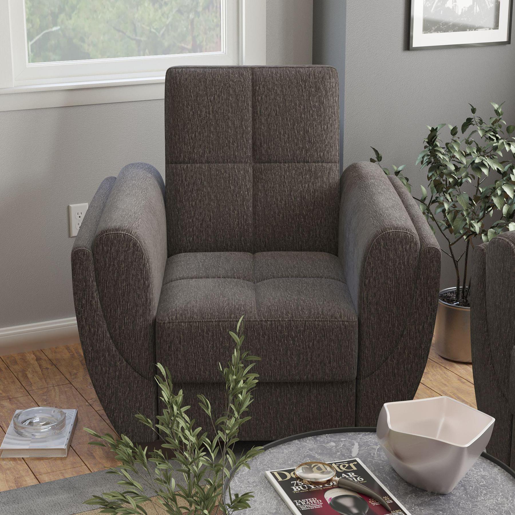 Modern design, Dark Slate Gray , Chenille upholstered convertible Armchair with underseat storage from Voyage Shelter by Ottomanson in living room lifestyle setting by itself. This Armchair measures 42 inches width by 36 inches depth by 41 inches height.