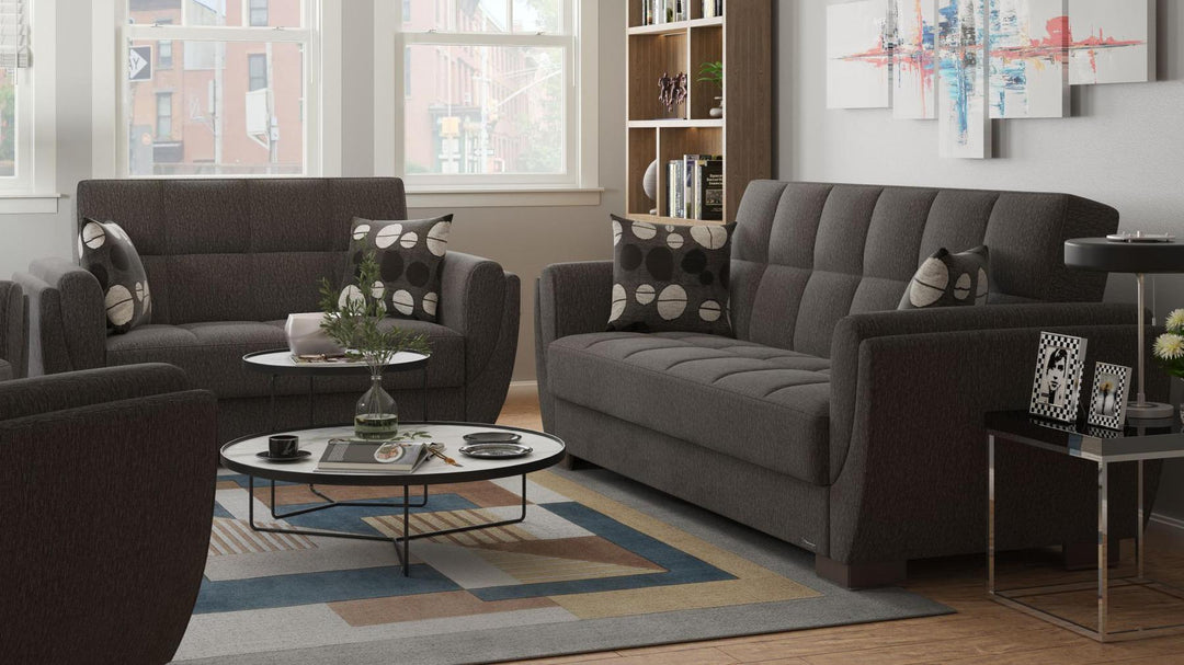 Modern design, Dark Slate Gray , Chenille upholstered convertible sleeper Loveseat with underseat storage from Voyage Shelter by Ottomanson in living room lifestyle setting with another piece of furniture. This Loveseat measures 71 inches width by 36 inches depth by 41 inches height.
