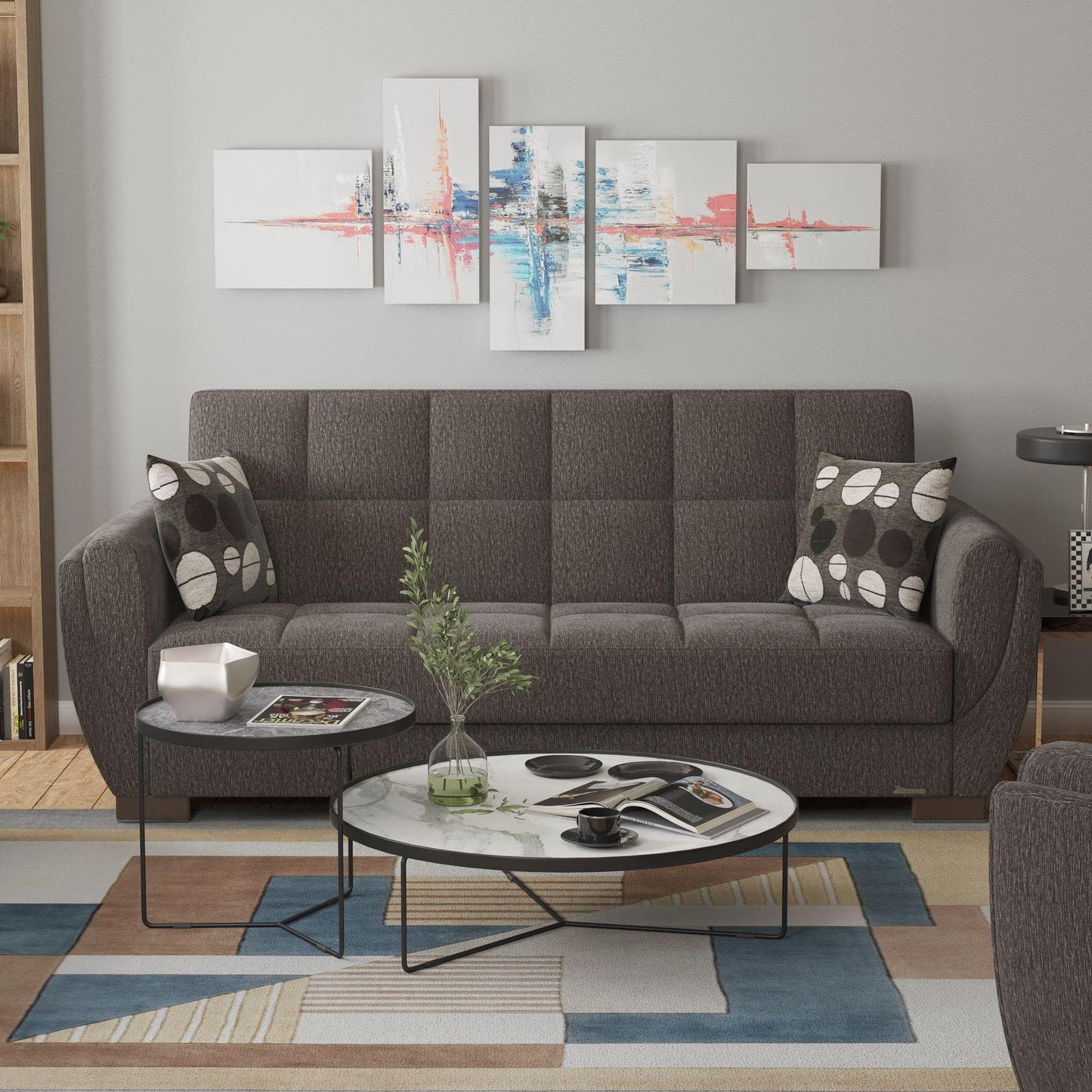 Modern design, Dark Slate Gray , Chenille upholstered convertible sleeper Sofabed with underseat storage from Voyage Shelter by Ottomanson in living room lifestyle setting by itself. This Sofabed measures 94 inches width by 36 inches depth by 41 inches height.