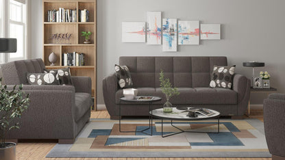 Modern design, Dark Slate Gray , Chenille upholstered convertible sleeper Sofabed with underseat storage from Voyage Shelter by Ottomanson in living room lifestyle setting with another piece of furniture. This Sofabed measures 94 inches width by 36 inches depth by 41 inches height.