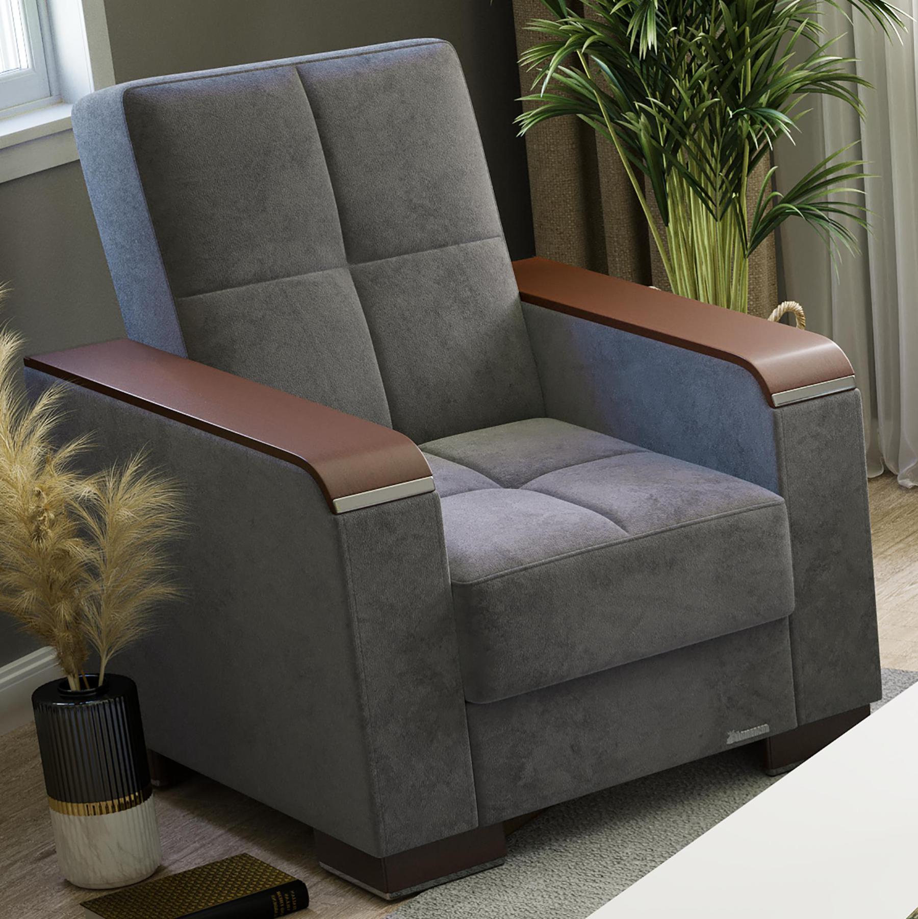 Modern design, Pewter Gray , Microfiber upholstered convertible Armchair with underseat storage from Voyage Luxe by Ottomanson in living room lifestyle setting by itself. This Armchair measures 38 inches width by 36 inches depth by 41 inches height.