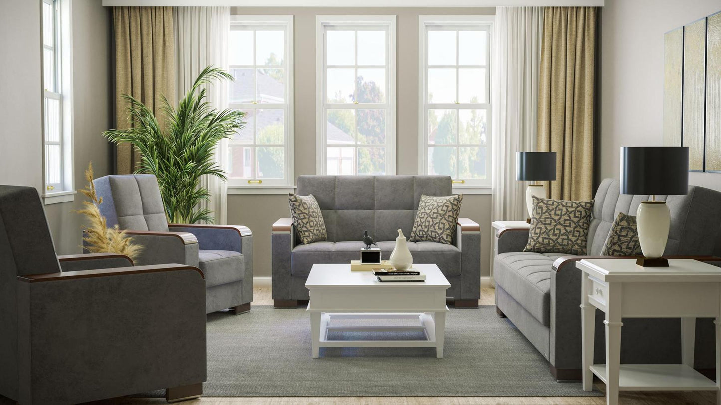 Modern design, Pewter Gray , Microfiber upholstered convertible sleeper Loveseat with underseat storage from Voyage Luxe by Ottomanson in living room lifestyle setting with the matching furniture set. This Loveseat measures 67 inches width by 36 inches depth by 41 inches height.