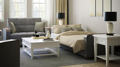 Modern design, Pewter Gray , Microfiber  upholstered convertible sleeper Loveseat with underseat storage from Voyage Luxe by Ottomanson in living room lifestyle setting converted to sleeper. This Loveseat measures 67 inches width by 36 inches depth by 41 inches height.