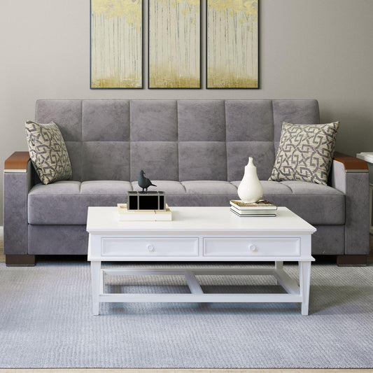 Modern design, Pewter Gray , Microfiber upholstered convertible sleeper Sofabed with underseat storage from Voyage Luxe by Ottomanson in living room lifestyle setting by itself. This Sofabed measures 90 inches width by 36 inches depth by 41 inches height.