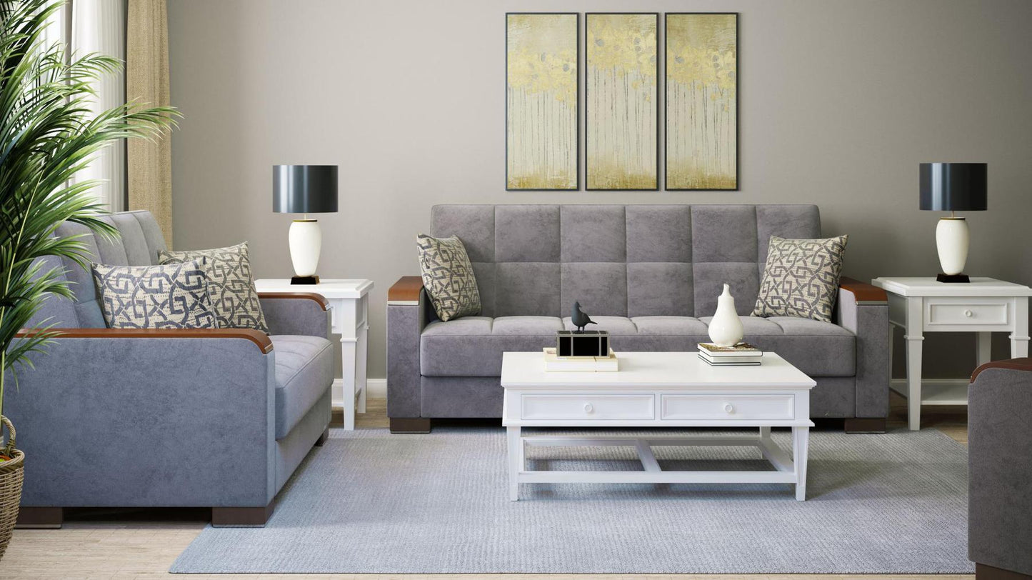 Modern design, Pewter Gray , Microfiber upholstered convertible sleeper Sofabed with underseat storage from Voyage Luxe by Ottomanson in living room lifestyle setting with another piece of furniture. This Sofabed measures 90 inches width by 36 inches depth by 41 inches height.