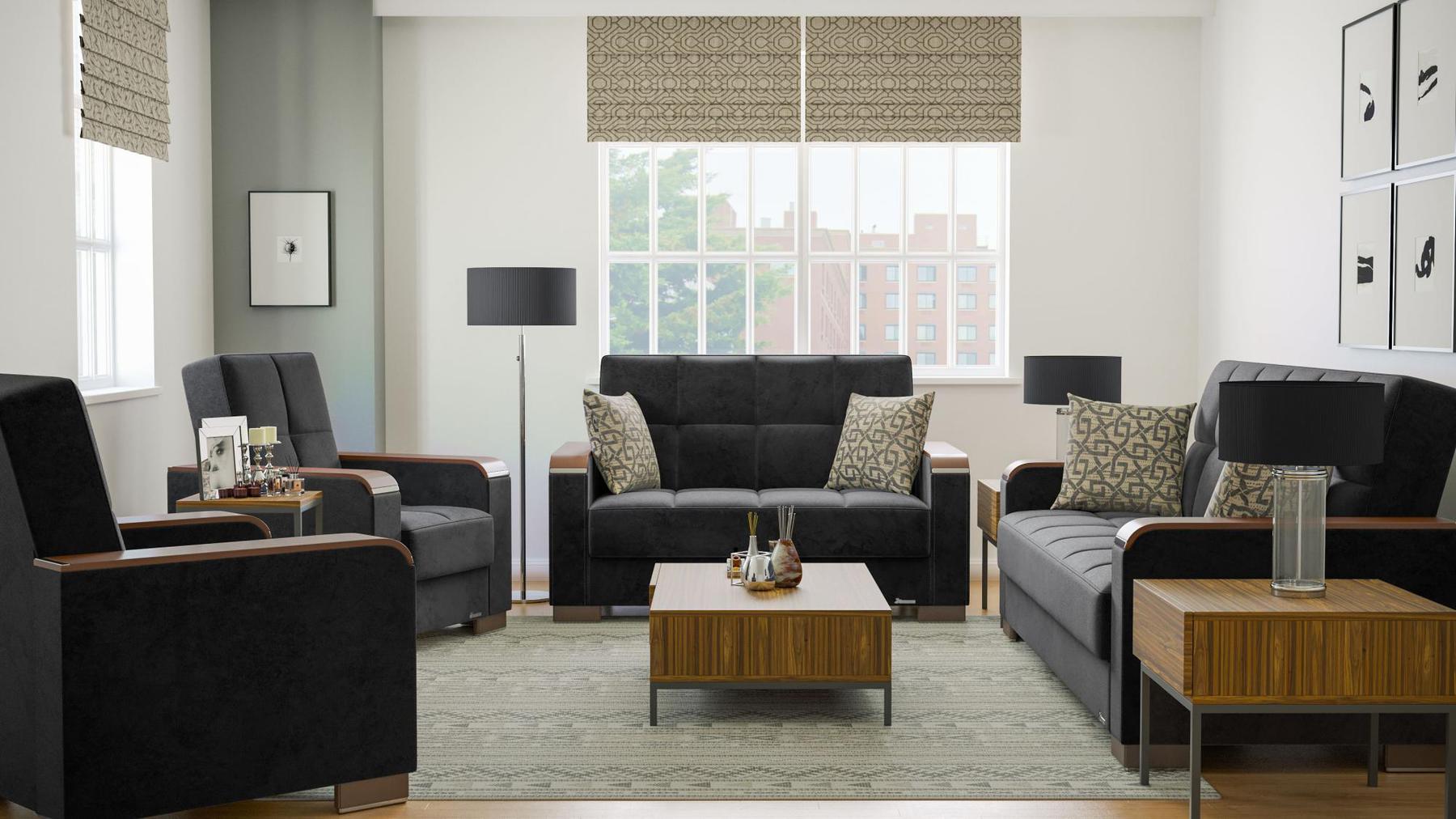 Modern design, Black , Microfiber upholstered convertible sleeper Loveseat with underseat storage from Voyage Luxe by Ottomanson in living room lifestyle setting with the matching furniture set. This Loveseat measures 67 inches width by 36 inches depth by 41 inches height.