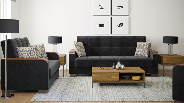Modern design, Black , Microfiber upholstered convertible sleeper Sofabed with underseat storage from Voyage Luxe by Ottomanson in living room lifestyle setting with another piece of furniture. This Sofabed measures 90 inches width by 36 inches depth by 41 inches height.