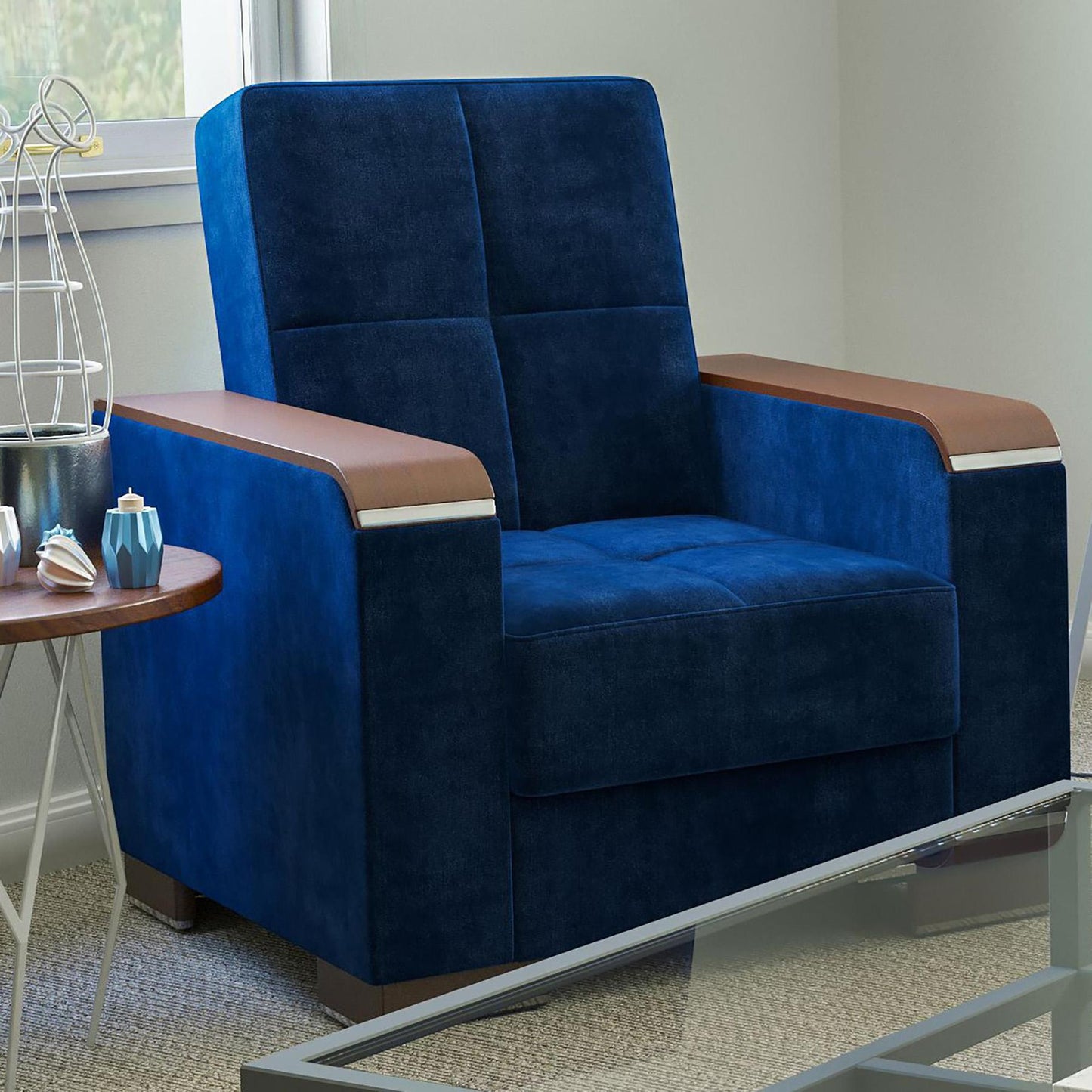 Modern design, True Blue , Microfiber upholstered convertible Armchair with underseat storage from Voyage Luxe by Ottomanson in living room lifestyle setting by itself. This Armchair measures 38 inches width by 36 inches depth by 41 inches height.