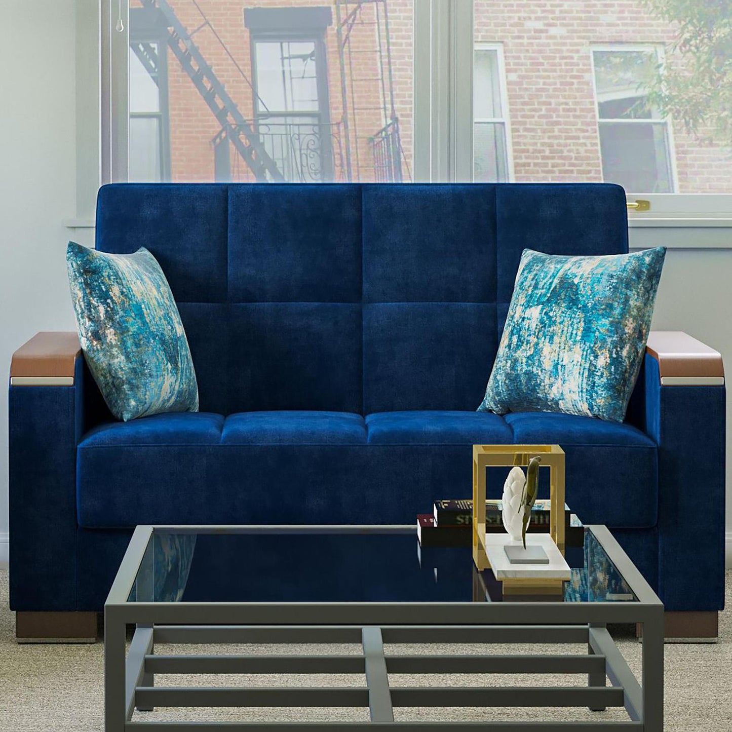 Modern design, True Blue , Microfiber upholstered convertible sleeper Loveseat with underseat storage from Voyage Luxe by Ottomanson in living room lifestyle setting by itself. This Loveseat measures 67 inches width by 36 inches depth by 41 inches height.