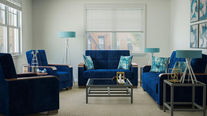 Modern design, True Blue , Microfiber upholstered convertible sleeper Loveseat with underseat storage from Voyage Luxe by Ottomanson in living room lifestyle setting with the matching furniture set. This Loveseat measures 67 inches width by 36 inches depth by 41 inches height.