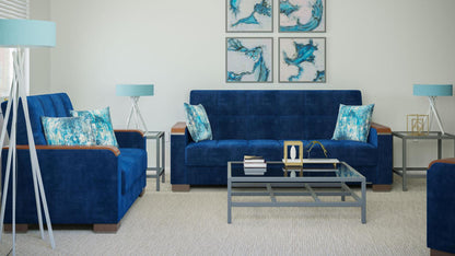 Modern design, True Blue , Microfiber upholstered convertible sleeper Sofabed with underseat storage from Voyage Luxe by Ottomanson in living room lifestyle setting with another piece of furniture. This Sofabed measures 90 inches width by 36 inches depth by 41 inches height.