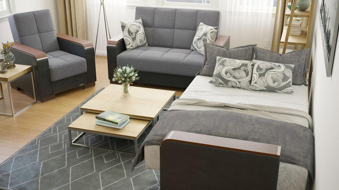 Modern design, Salt and Pepper Gray, Black , Chenille, Artificial Leather  upholstered convertible Armchair with underseat storage from Voyage Luxe by Ottomanson in living room lifestyle setting converted to sleeper. This Armchair measures 38 inches width by 36 inches depth by 41 inches height.