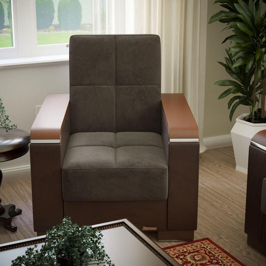 Modern design, Friar Brown, Dark Brown , Microfiber, Artificial Leather upholstered convertible Armchair with underseat storage from Voyage Luxe by Ottomanson in living room lifestyle setting by itself. This Armchair measures 38 inches width by 36 inches depth by 41 inches height.