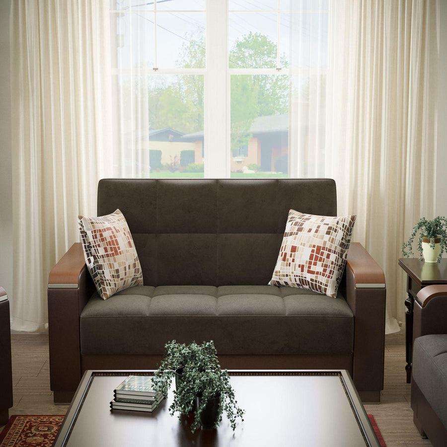 Modern design, Friar Brown, Dark Brown , Microfiber, Artificial Leather upholstered convertible sleeper Loveseat with underseat storage from Voyage Luxe by Ottomanson in living room lifestyle setting by itself. This Loveseat measures 67 inches width by 36 inches depth by 41 inches height.