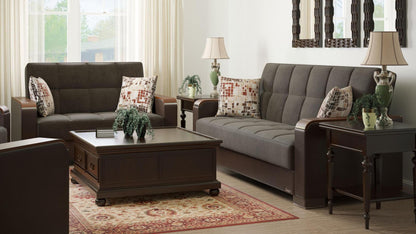 Modern design, Friar Brown, Dark Brown , Microfiber, Artificial Leather upholstered convertible sleeper Loveseat with underseat storage from Voyage Luxe by Ottomanson in living room lifestyle setting with another piece of furniture. This Loveseat measures 67 inches width by 36 inches depth by 41 inches height.