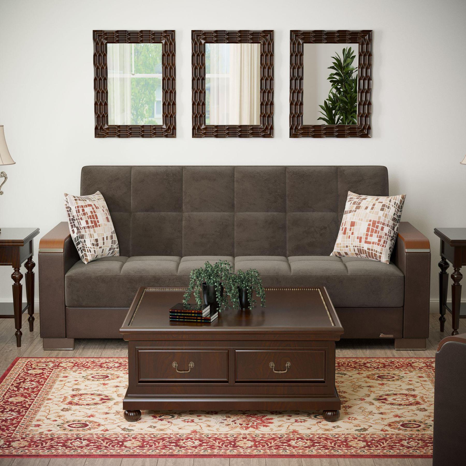 Modern design, Friar Brown, Dark Brown , Microfiber, Artificial Leather upholstered convertible sleeper Sofabed with underseat storage from Voyage Luxe by Ottomanson in living room lifestyle setting by itself. This Sofabed measures 90 inches width by 36 inches depth by 41 inches height.