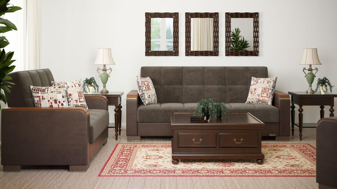 Modern design, Friar Brown, Dark Brown , Microfiber, Artificial Leather upholstered convertible sleeper Sofabed with underseat storage from Voyage Luxe by Ottomanson in living room lifestyle setting with another piece of furniture. This Sofabed measures 90 inches width by 36 inches depth by 41 inches height.