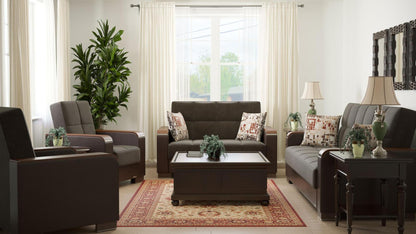 Modern design, Friar Brown, Dark Brown , Microfiber, Artificial Leather upholstered convertible sleeper Sofabed with underseat storage from Voyage Luxe by Ottomanson in living room lifestyle setting with the matching furniture set. This Sofabed measures 90 inches width by 36 inches depth by 41 inches height.