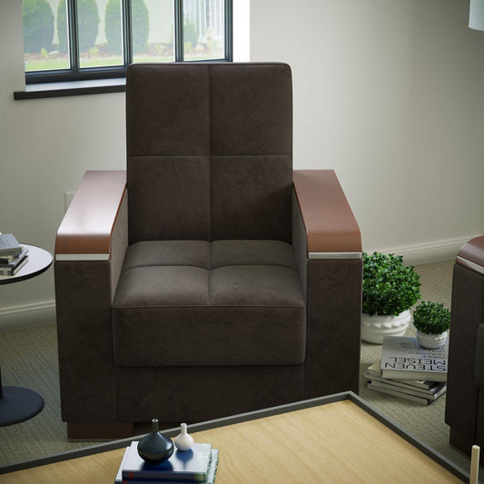 Modern design, Friar Brown , Microfiber upholstered convertible Armchair with underseat storage from Voyage Luxe by Ottomanson in living room lifestyle setting by itself. This Armchair measures 38 inches width by 36 inches depth by 41 inches height.