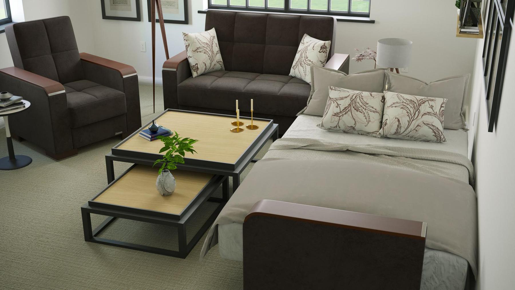 Modern design, Friar Brown , Microfiber  upholstered convertible Armchair with underseat storage from Voyage Luxe by Ottomanson in living room lifestyle setting converted to sleeper. This Armchair measures 38 inches width by 36 inches depth by 41 inches height.