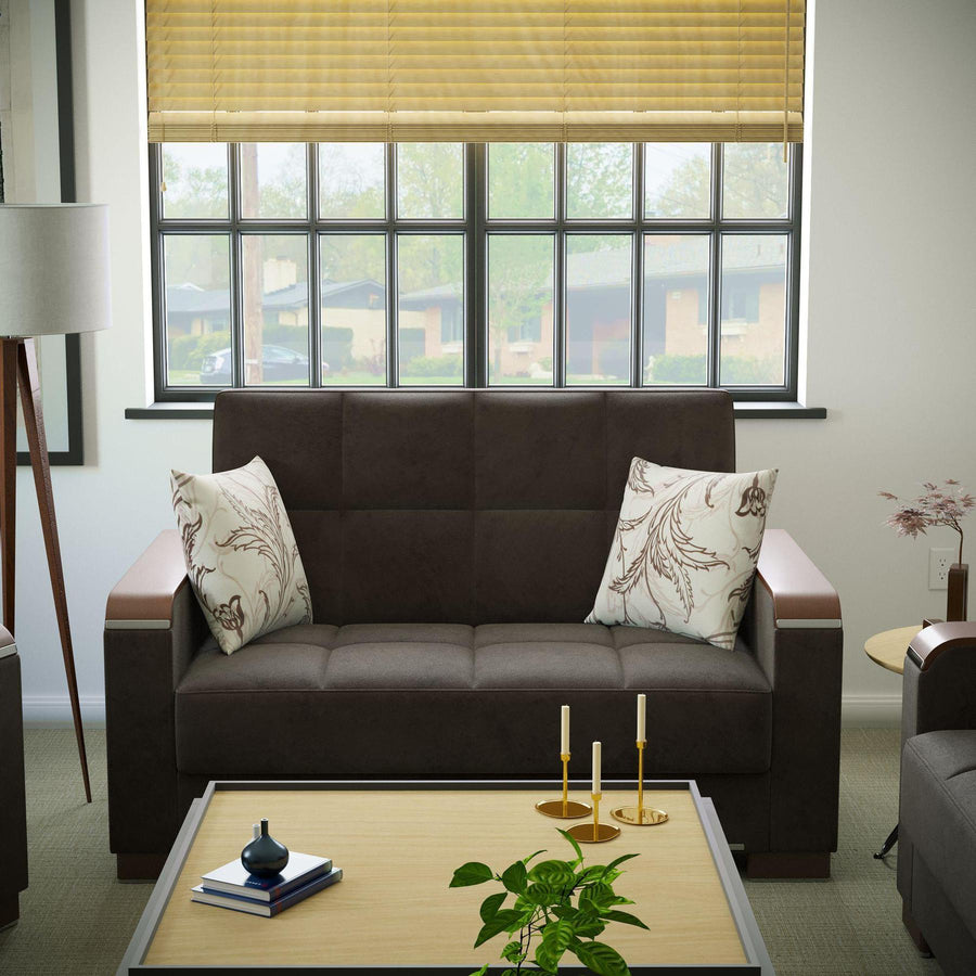 Modern design, Friar Brown , Microfiber upholstered convertible sleeper Loveseat with underseat storage from Voyage Luxe by Ottomanson in living room lifestyle setting by itself. This Loveseat measures 67 inches width by 36 inches depth by 41 inches height.